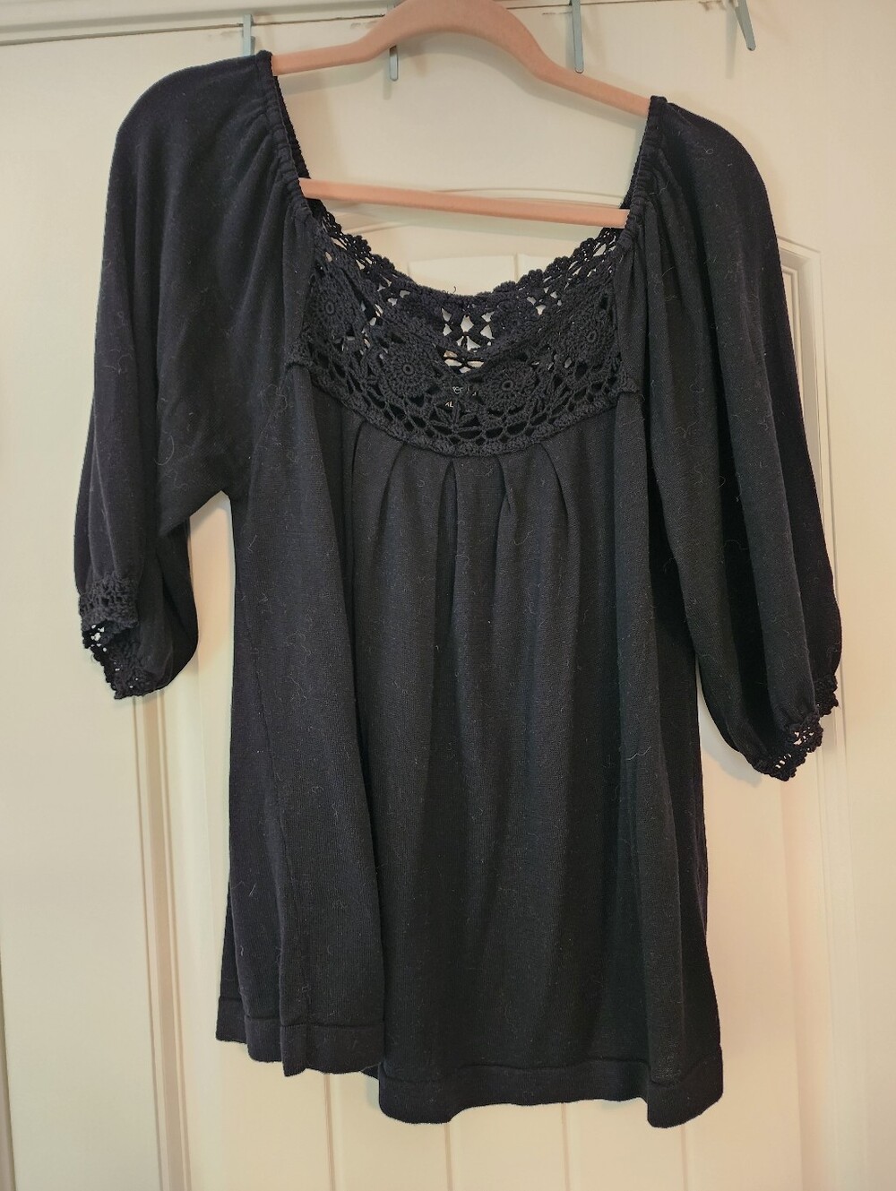 Karen Kane Women’s Black Silk Crochet Trimmed Peasant Blouse XL Quiet Luxury
